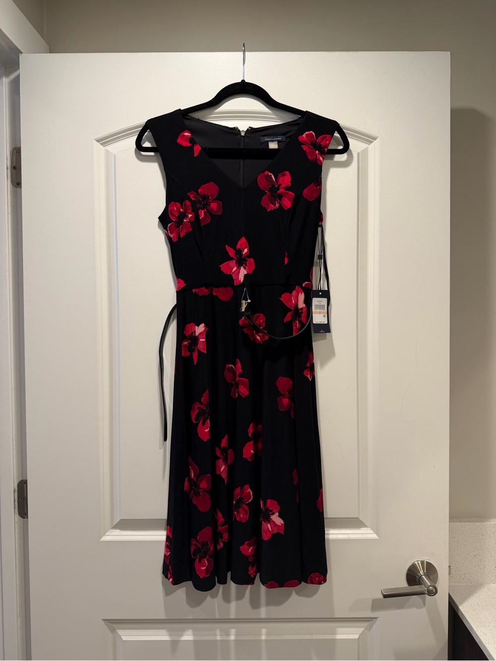 Tommy Hilfiger Black Midi Dress with Red Floral Print